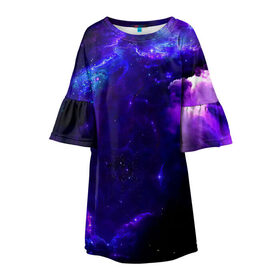 Детское платье 3D с принтом Космическое небо в Санкт-Петербурге, 100% полиэстер | прямой силуэт, чуть расширенный к низу. Круглая горловина, на рукавах — воланы | арт | звёзды | иний | космос | облако | розовый | сияние | тёмный | туманность | фиолоетовый | черный | яркие цвета