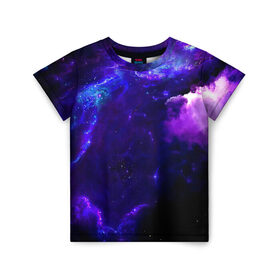 Детская футболка 3D с принтом Космическое небо в Санкт-Петербурге, 100% гипоаллергенный полиэфир | прямой крой, круглый вырез горловины, длина до линии бедер, чуть спущенное плечо, ткань немного тянется | Тематика изображения на принте: арт | звёзды | иний | космос | облако | розовый | сияние | тёмный | туманность | фиолоетовый | черный | яркие цвета