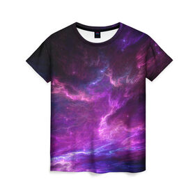 Женская футболка 3D с принтом Космическое небо в Санкт-Петербурге, 100% полиэфир ( синтетическое хлопкоподобное полотно) | прямой крой, круглый вырез горловины, длина до линии бедер | арт | звёзды | космос | облако | розовый | синий | сияние | туманность | фиолетовый | яркие цвета