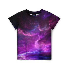 Детская футболка 3D с принтом Космическое небо в Санкт-Петербурге, 100% гипоаллергенный полиэфир | прямой крой, круглый вырез горловины, длина до линии бедер, чуть спущенное плечо, ткань немного тянется | арт | звёзды | космос | облако | розовый | синий | сияние | туманность | фиолетовый | яркие цвета