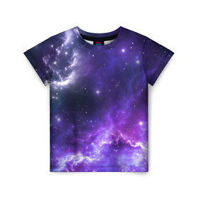 Детская футболка 3D с принтом Космическое небо в Санкт-Петербурге, 100% гипоаллергенный полиэфир | прямой крой, круглый вырез горловины, длина до линии бедер, чуть спущенное плечо, ткань немного тянется | арт | белый | бирюзовый | звёзды | космос | облако | розовый | синий | сияние | тёмный | туманность | фиолетовый | яркие цвета