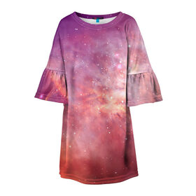 Детское платье 3D с принтом Космическое небо в Санкт-Петербурге, 100% полиэстер | прямой силуэт, чуть расширенный к низу. Круглая горловина, на рукавах — воланы | Тематика изображения на принте: арт | желтый | звёзды | космос | облако | оранжевый | розовый | сияние | туманность | фиолетовый | яркие цвета