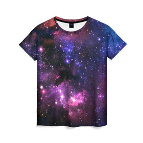 Женская футболка 3D с принтом Космическое небо в Санкт-Петербурге, 100% полиэфир ( синтетическое хлопкоподобное полотно) | прямой крой, круглый вырез горловины, длина до линии бедер | арт | звёзды | космос | красный | облако | розовый | синий | сияние | темный | туманность | фиолетовый | яркие цвета