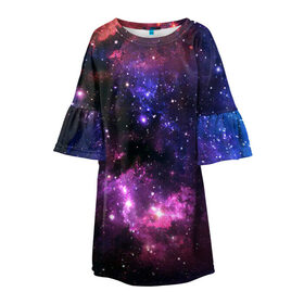 Детское платье 3D с принтом Космическое небо в Санкт-Петербурге, 100% полиэстер | прямой силуэт, чуть расширенный к низу. Круглая горловина, на рукавах — воланы | Тематика изображения на принте: арт | звёзды | космос | красный | облако | розовый | синий | сияние | темный | туманность | фиолетовый | яркие цвета