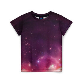 Детская футболка 3D с принтом Космическая вспышка в Санкт-Петербурге, 100% гипоаллергенный полиэфир | прямой крой, круглый вырез горловины, длина до линии бедер, чуть спущенное плечо, ткань немного тянется | арт | желтый | звёзды | космос | красный | облако | розовый | сияние | фиолетовый | яркие цвета