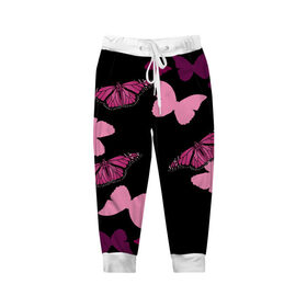 Детские брюки 3D с принтом Розовые бабочки в Санкт-Петербурге, 100% полиэстер | манжеты по низу, эластичный пояс регулируется шнурком, по бокам два кармана без застежек, внутренняя часть кармана из мелкой сетки | бабочка | бабочки | розовый | чёрный