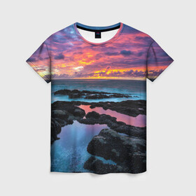 Женская футболка 3D с принтом Закат в Санкт-Петербурге, 100% полиэфир ( синтетическое хлопкоподобное полотно) | прямой крой, круглый вырез горловины, длина до линии бедер | вечер | вода | волна | волны | восход | горизонт | запад | капли | крабы | луна | море | небо | ночь | облака | океан | оранжевая | оранжевый | остров | пейзаж | пляж | радуга | ракушки | рассвет | синий