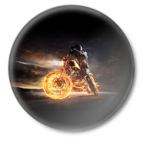 Значок с принтом Flame в Санкт-Петербурге,  металл | круглая форма, металлическая застежка в виде булавки | fire | flame | helmet | motorcycle | night | racer | гонщик | мотоцикл | ночь | огонь | пламя | шлем