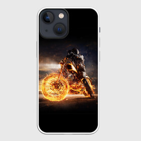Чехол для iPhone 13 mini с принтом Flame в Санкт-Петербурге,  |  | fire | flame | helmet | motorcycle | night | racer | гонщик | мотоцикл | ночь | огонь | пламя | шлем