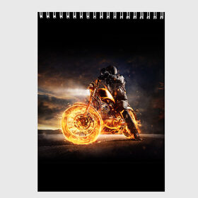 Скетчбук с принтом Flame в Санкт-Петербурге, 100% бумага
 | 48 листов, плотность листов — 100 г/м2, плотность картонной обложки — 250 г/м2. Листы скреплены сверху удобной пружинной спиралью | fire | flame | helmet | motorcycle | night | racer | гонщик | мотоцикл | ночь | огонь | пламя | шлем