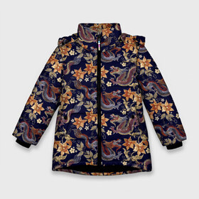 Зимняя куртка для девочек 3D с принтом Драконы и цветы в Санкт-Петербурге, ткань верха — 100% полиэстер; подклад — 100% полиэстер, утеплитель — 100% полиэстер. | длина ниже бедра, удлиненная спинка, воротник стойка и отстегивающийся капюшон. Есть боковые карманы с листочкой на кнопках, утяжки по низу изделия и внутренний карман на молнии. 

Предусмотрены светоотражающий принт на спинке, радужный светоотражающий элемент на пуллере молнии и на резинке для утяжки. | Тематика изображения на принте: азиатский узор | азия | дракон | китай | китайский дракон | паттерн | цветы