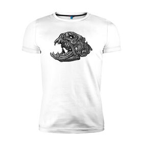 Мужская футболка премиум с принтом Архаичная рыба в Санкт-Петербурге, 92% хлопок, 8% лайкра | приталенный силуэт, круглый вырез ворота, длина до линии бедра, короткий рукав | голова | гравюра | зубы | кости | рыба | скелет | череп