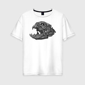 Женская футболка хлопок Oversize с принтом Архаичная рыба в Санкт-Петербурге, 100% хлопок | свободный крой, круглый ворот, спущенный рукав, длина до линии бедер
 | голова | гравюра | зубы | кости | рыба | скелет | череп