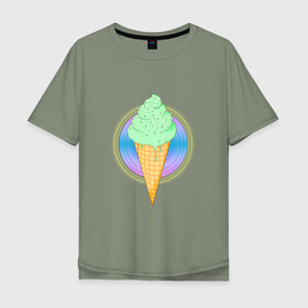 Мужская футболка хлопок Oversize с принтом Мятное мороженое в Санкт-Петербурге, 100% хлопок | свободный крой, круглый ворот, “спинка” длиннее передней части | вафля | вкусно | круг | лето | мороженое | подтеки | посыпка | свечение | сладости