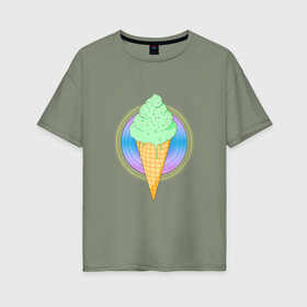 Женская футболка хлопок Oversize с принтом Мятное мороженое в Санкт-Петербурге, 100% хлопок | свободный крой, круглый ворот, спущенный рукав, длина до линии бедер
 | вафля | вкусно | круг | лето | мороженое | подтеки | посыпка | свечение | сладости