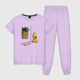 Женская пижама хлопок с принтом Пицца с ананасами в Санкт-Петербурге, 100% хлопок | брюки и футболка прямого кроя, без карманов, на брюках мягкая резинка на поясе и по низу штанин | broken door | evil | here pineapple | heres johhny | heres pineapple | parody | pineapple | pizza | rage | raging | а вот и ананас | а вот и джонни | ананас | злобная | злобный | нож | пародия | пицца | с ножом | сияние | сломал дверь | через дв