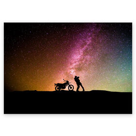 Поздравительная открытка с принтом Звёздный пейзаж в Санкт-Петербурге, 100% бумага | плотность бумаги 280 г/м2, матовая, на обратной стороне линовка и место для марки
 | astronomy | байк | вселенная | звезда | звёзды | космос | любовь | люди | мопед | мото | мотоцикл | пейзаж | свидание | человек