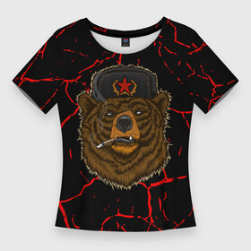 Женская футболка 3D Slim с принтом Медведь  СССР в Санкт-Петербурге,  |  | bear | bears | cosmo | gagarin | stalin | ussr | гагарин | герой | коммунизм | комунизм | космос | красная | ленин | медведи | медведь | медвежонок | молот | отечественная | первый космонавт | серп | серп и молот | союз