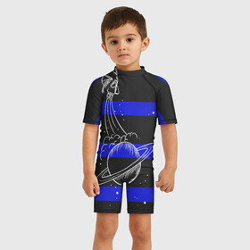 Детский купальный костюм 3D с принтом Космос в Санкт-Петербурге, Полиэстер 85%, Спандекс 15% | застежка на молнии на спине | космос | планета | ракета | сатурн