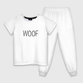 Детская пижама хлопок с принтом Woof в Санкт-Петербурге, 100% хлопок |  брюки и футболка прямого кроя, без карманов, на брюках мягкая резинка на поясе и по низу штанин
 | Тематика изображения на принте: woof | животные | звери | надпись | пёс | песокафе | питомцы | собака | собаки | собачка | щенок