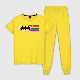 Женская пижама хлопок с принтом Batman Rainbow Logo в Санкт-Петербурге, 100% хлопок | брюки и футболка прямого кроя, без карманов, на брюках мягкая резинка на поясе и по низу штанин | Тематика изображения на принте: batman | dc pride | justice league | pride | vdosadir | бэтмен | лига справедливости | прайд | радуга