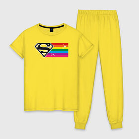 Женская пижама хлопок с принтом Superman Rainbow Logo в Санкт-Петербурге, 100% хлопок | брюки и футболка прямого кроя, без карманов, на брюках мягкая резинка на поясе и по низу штанин | dc pride | justice league | pride | superman | vdosadir | лига справедливости | прайд | радуга | супермен
