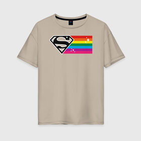 Женская футболка хлопок Oversize с принтом Superman Rainbow Logo в Санкт-Петербурге, 100% хлопок | свободный крой, круглый ворот, спущенный рукав, длина до линии бедер
 | Тематика изображения на принте: dc pride | justice league | pride | superman | vdosadir | лига справедливости | прайд | радуга | супермен