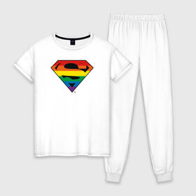 Женская пижама хлопок с принтом Superman Logo в Санкт-Петербурге, 100% хлопок | брюки и футболка прямого кроя, без карманов, на брюках мягкая резинка на поясе и по низу штанин | dc pride | justice league | pride | superman | vdosadir | лига справедливости | прайд | радуга | супермен