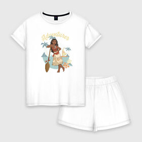 Женская пижама с шортиками хлопок с принтом Моана в Санкт-Петербурге, 100% хлопок | футболка прямого кроя, шорты свободные с широкой мягкой резинкой | disney princess | moana | vdkimel | моана