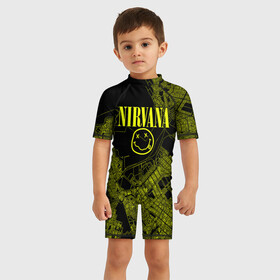 Детский купальный костюм 3D с принтом Nirvana | Нирвана в Санкт-Петербурге, Полиэстер 85%, Спандекс 15% | застежка на молнии на спине | kurt cobain | nirvana | rock | smile | гранж | курт кобейн | нирвана | рок | смайл