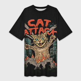Платье-футболка 3D с принтом Нападение гигантского котика в Санкт-Петербурге,  |  | attack | attacks | big | cat | cats | catzilla | city | cute | flame | flames | kaiju | kitten | kitty | атака | атакует | большой | город | кайдзю | катастрофа | кот | котенок | котзилла | котик | котострофа | милый | нападает | огонь | огро