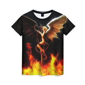 Женская футболка 3D с принтом Angel and demon в Санкт-Петербурге, 100% полиэфир ( синтетическое хлопкоподобное полотно) | прямой крой, круглый вырез горловины, длина до линии бедер | добро и зло. | крылья | рога | хвост | чистый и тёмный