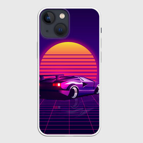 Чехол для iPhone 13 mini с принтом Ретро Футуризм в Санкт-Петербурге,  |  | cyberpunk | lamborgini | retrowave | vaporwave | закат | киберпанк | лмборгини | машина | машина в закате | машина на фоне заката | ночь | ретро | ретро футуризм