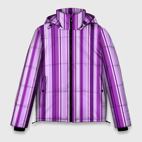 Мужская зимняя куртка 3D с принтом Фиолетово-чёрные полосы в Санкт-Петербурге, верх — 100% полиэстер; подкладка — 100% полиэстер; утеплитель — 100% полиэстер | длина ниже бедра, свободный силуэт Оверсайз. Есть воротник-стойка, отстегивающийся капюшон и ветрозащитная планка. 

Боковые карманы с листочкой на кнопках и внутренний карман на молнии. | Тематика изображения на принте: вертикальные полосы | вертикальный рисунок | линии | полосы | розовый | светлый | темный | фиолетовый | черный