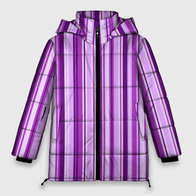 Женская зимняя куртка 3D с принтом Фиолетово-чёрные полосы в Санкт-Петербурге, верх — 100% полиэстер; подкладка — 100% полиэстер; утеплитель — 100% полиэстер | длина ниже бедра, силуэт Оверсайз. Есть воротник-стойка, отстегивающийся капюшон и ветрозащитная планка. 

Боковые карманы с листочкой на кнопках и внутренний карман на молнии | вертикальные полосы | вертикальный рисунок | линии | полосы | розовый | светлый | темный | фиолетовый | черный