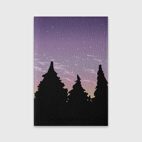 Обложка для паспорта матовая кожа с принтом Лес под ночным небом в Санкт-Петербурге, натуральная матовая кожа | размер 19,3 х 13,7 см; прозрачные пластиковые крепления | Тематика изображения на принте: вечер | градиент | закат | звездное небо | звезды | лес | небо | очертание | очертание леса | сумерки | тайга | фиолетовый | черный