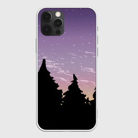 Чехол для iPhone 12 Pro с принтом Лес под ночным небом в Санкт-Петербурге, силикон | область печати: задняя сторона чехла, без боковых панелей | вечер | градиент | закат | звездное небо | звезды | лес | небо | очертание | очертание леса | сумерки | тайга | фиолетовый | черный