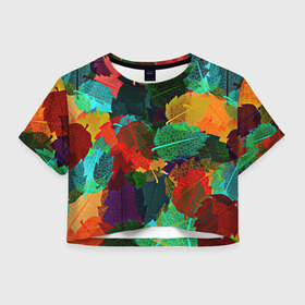 Женская футболка Crop-top 3D с принтом Abstract Autumn Leaves в Санкт-Петербурге, 100% полиэстер | круглая горловина, длина футболки до линии талии, рукава с отворотами | абстракция | дерево | деревья | дождь | клен | лес | листики | листочки | листья | листья дуба | листья клен | листья неон | листья тропические | оранжевая | оранжевый | осень | текстура | узор | уют