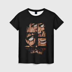 Женская футболка 3D с принтом Берсерк  в Санкт-Петербурге, 100% полиэфир ( синтетическое хлопкоподобное полотно) | прямой крой, круглый вырез горловины, длина до линии бедер | anime | berserk | аниме | берсерк | глаза | гнев | злой | зубы | манга | персонаж