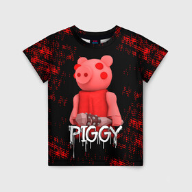 Детская футболка 3D с принтом ROBLOX PIGGY - СВИНКА ПИГГИ в Санкт-Петербурге, 100% гипоаллергенный полиэфир | прямой крой, круглый вырез горловины, длина до линии бедер, чуть спущенное плечо, ткань немного тянется | pig | piggy | roblox | игра | компьютерная игра | логотип | онлайн | онлайн игра | пигги | поросенок | роблакс | роблокс | свинка | свинья