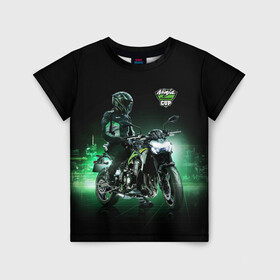 Детская футболка 3D с принтом Kawasaki Ninja Cup в Санкт-Петербурге, 100% гипоаллергенный полиэфир | прямой крой, круглый вырез горловины, длина до линии бедер, чуть спущенное плечо, ткань немного тянется | cup | helmet | japan | kawasaki | motorcycle | night | ninja | racer | гонщик | кубок | мотоцикл | ночь | шлем | япония