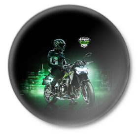 Значок с принтом Kawasaki Ninja Cup в Санкт-Петербурге,  металл | круглая форма, металлическая застежка в виде булавки | cup | helmet | japan | kawasaki | motorcycle | night | ninja | racer | гонщик | кубок | мотоцикл | ночь | шлем | япония