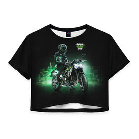 Женская футболка Crop-top 3D с принтом Kawasaki Ninja Cup в Санкт-Петербурге, 100% полиэстер | круглая горловина, длина футболки до линии талии, рукава с отворотами | cup | helmet | japan | kawasaki | motorcycle | night | ninja | racer | гонщик | кубок | мотоцикл | ночь | шлем | япония