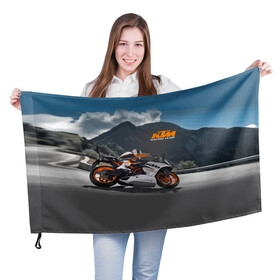 Флаг 3D с принтом KTM Racing team в Санкт-Петербурге, 100% полиэстер | плотность ткани — 95 г/м2, размер — 67 х 109 см. Принт наносится с одной стороны | clouds | ktm | motorcycle | mountains | nature | racer | racing | route | sky | team | гонщик | горы | мотоцикл | небо | облака | природа | трасса