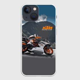 Чехол для iPhone 13 mini с принтом KTM Racing team в Санкт-Петербурге,  |  | Тематика изображения на принте: clouds | ktm | motorcycle | mountains | nature | racer | racing | route | sky | team | гонщик | горы | мотоцикл | небо | облака | природа | трасса