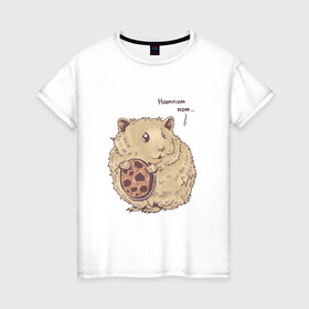 Женская футболка хлопок с принтом Хомяк в Санкт-Петербурге, 100% хлопок | прямой крой, круглый вырез горловины, длина до линии бедер, слегка спущенное плечо | hamster | omnomnom | грызун | надпись | печенька | хома | хомяк | хомячок