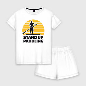 Женская пижама с шортиками хлопок с принтом Stand up paddling в Санкт-Петербурге, 100% хлопок | футболка прямого кроя, шорты свободные с широкой мягкой резинкой | serfing | sup serfing | sup серфинг | сап серфинг | серфинг
