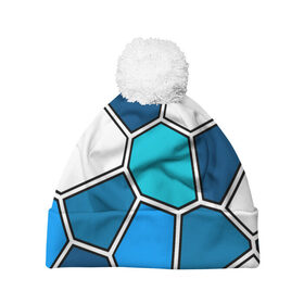 Шапка 3D c помпоном с принтом Ледяной витраж в Санкт-Петербурге, 100% полиэстер | универсальный размер, печать по всей поверхности изделия | витраж | геометрия | зенит | сетка | синий | соты | футбол
