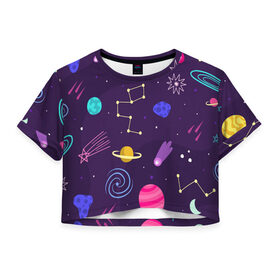 Женская футболка Crop-top 3D с принтом Космический пейзаж в Санкт-Петербурге, 100% полиэстер | круглая горловина, длина футболки до линии талии, рукава с отворотами | Тематика изображения на принте: космос | неоновые | пейзажи | планеты