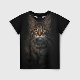 Детская футболка 3D с принтом Кот усатый в Санкт-Петербурге, 100% гипоаллергенный полиэфир | прямой крой, круглый вырез горловины, длина до линии бедер, чуть спущенное плечо, ткань немного тянется | cat | кот | котёнок | котик | кошка | мейн кун | полосатый | пушистый | усатый